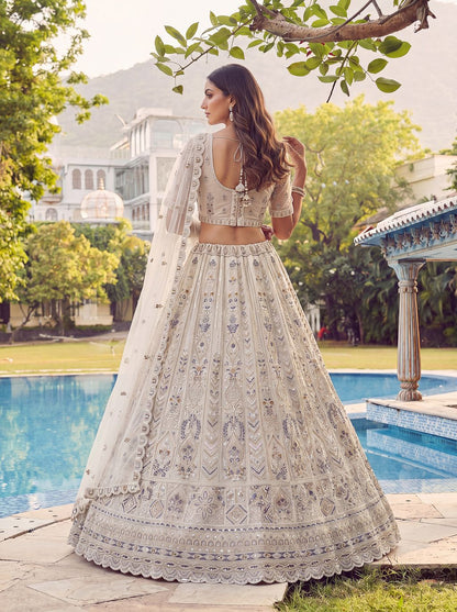 White Pure Soft Heavy Net Fancy Embroidery Work Bridal Lehenga Choli
