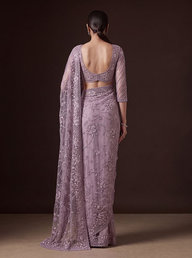 Lavender Pure Premium Net Handwork Kasti &amp; Motif Zari Metallic Sequins Work Wedding Saree
