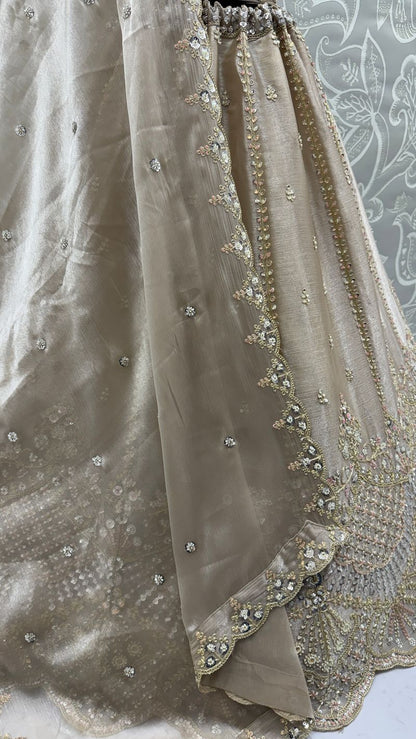 Beige Pure Soft Net Heavy Embroidery Work Bridal Lehenga