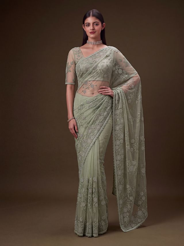 Olive Green Pure Premium Net Handwork Kasti &amp; Motif Zari Metallic Sequins Work Wedding Saree