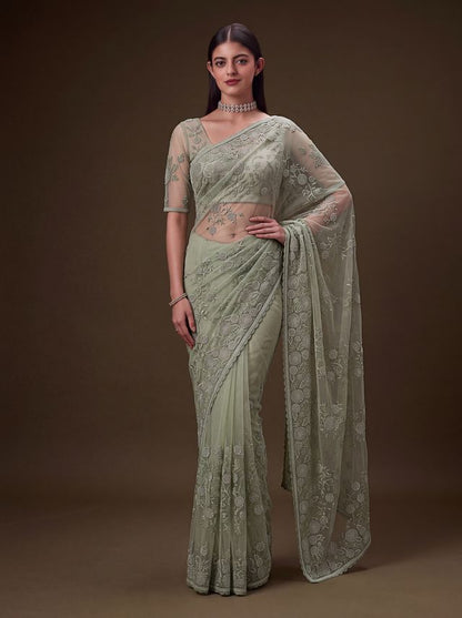 Olive Green Pure Premium Net Handwork Kasti &amp; Motif Zari Metallic Sequins Work Wedding Saree