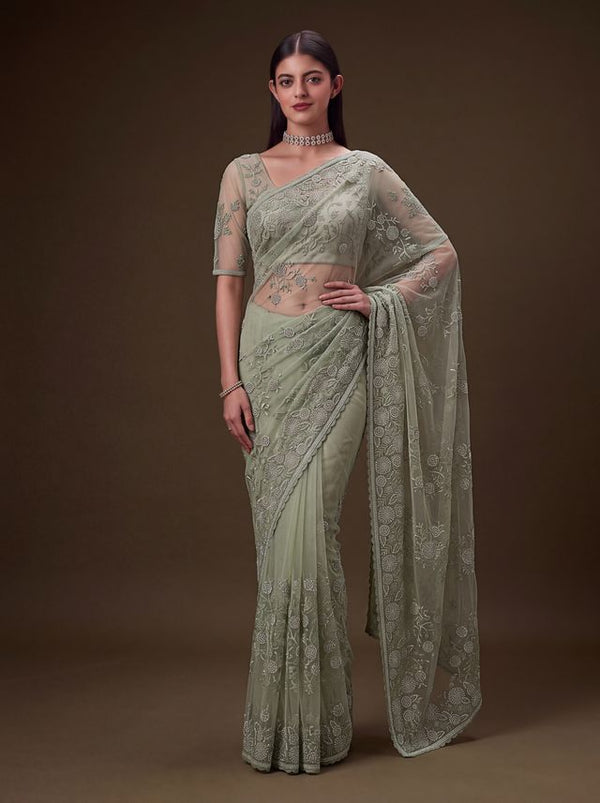 Olive Green Pure Premium Net Handwork Kasti & Motif Zari Metallic Sequins Work Wedding Saree
