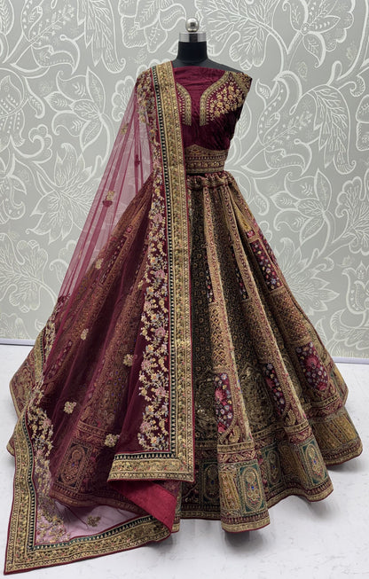 Maroon Pure Velvet Heavy Embroidery Patch Work &amp; Sequins Thread Work Bridal Lehenga Chol
