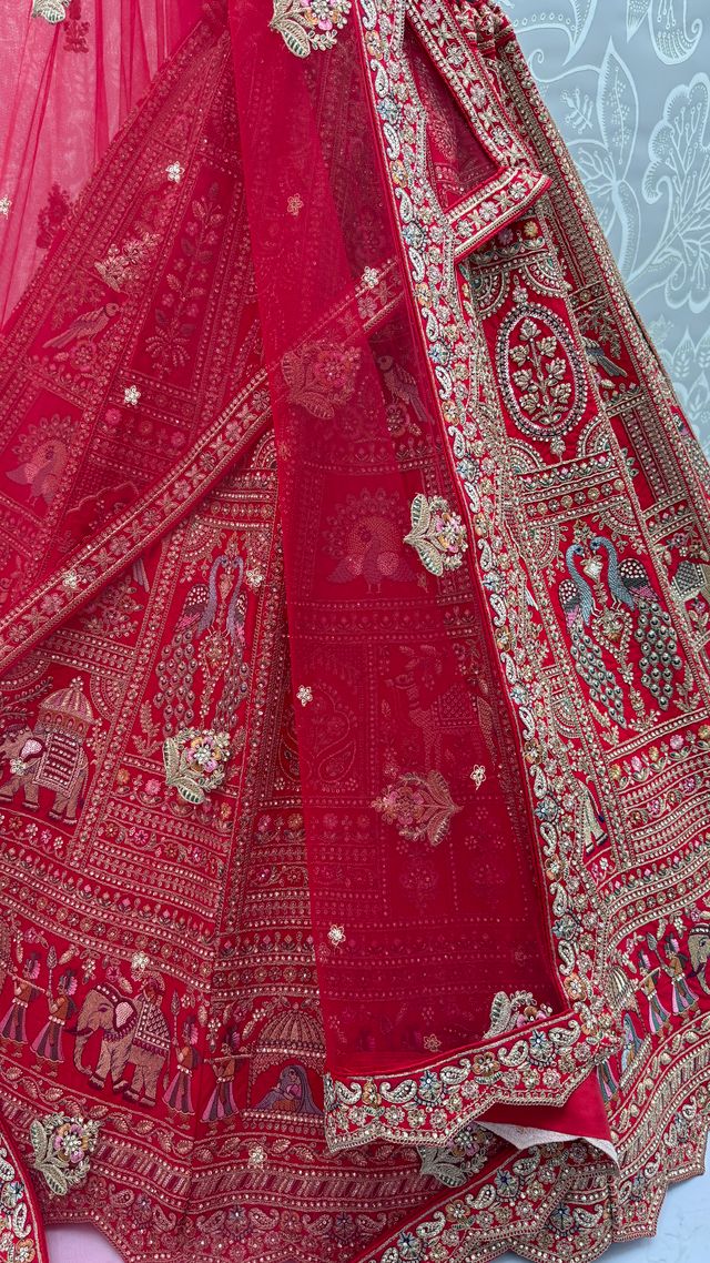 Red Pure Soft Gadwal Silk Heavy Embroidery Work Bridal Lehenga 