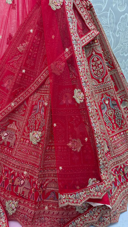 Red Pure Soft Gadwal Silk Heavy Embroidery Work Bridal Lehenga 