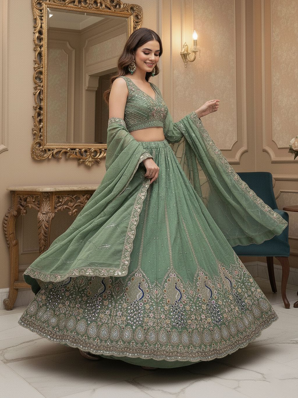 Pista Pure Soft Gadhwal Silk Heavy Embroidery Work Bridal Lehenga
