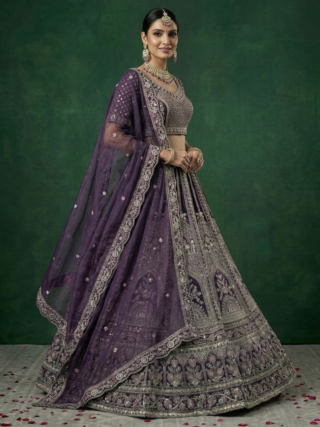 Purple Pure Soft Satin Silk Heavy Embroidery Work Bridal Lehenga