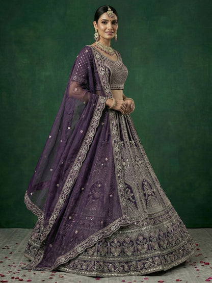 Purple Pure Soft Satin Silk Heavy Embroidery Work Bridal Lehenga