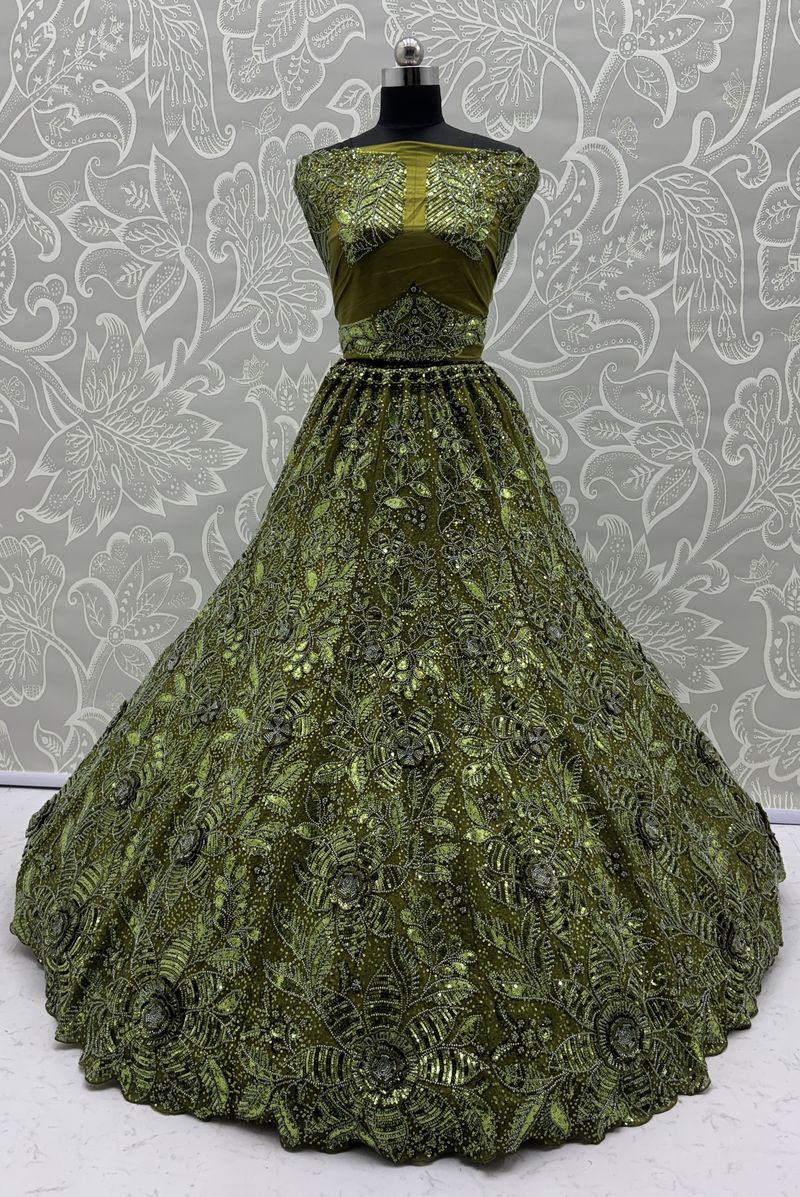 Olive Green Pure Soft Net Heavy Embroidery Work Bridal Lehenga