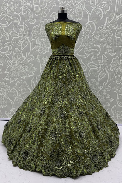 Olive Green Pure Soft Net Heavy Embroidery Work Bridal Lehenga