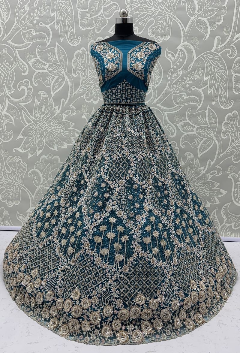 Firozi Pure Soft Net Heavy Embroidery Work Bridal Lehenga