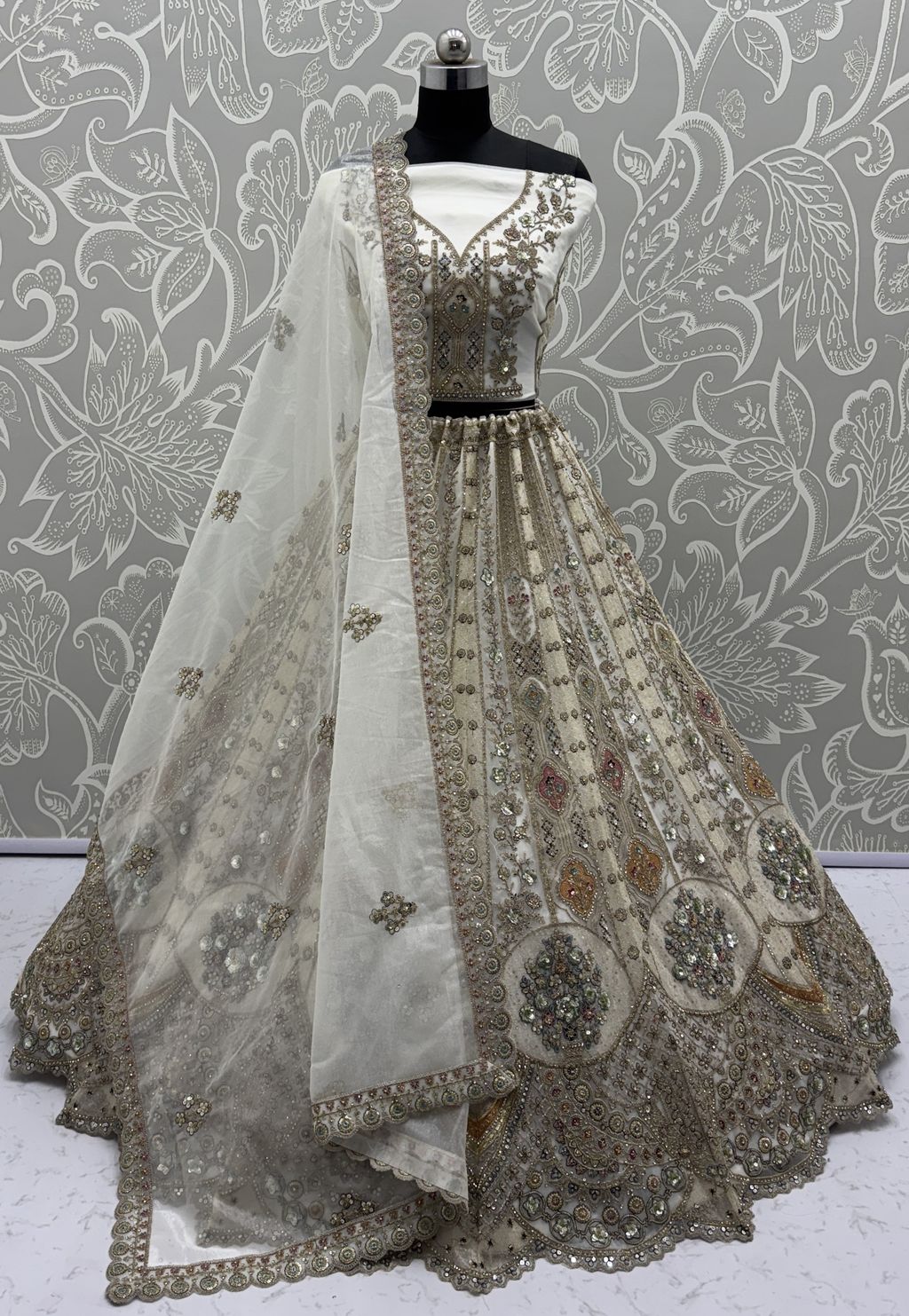 White Pure Soft Orgenza Sequins Work Bridal Lehenga Choli