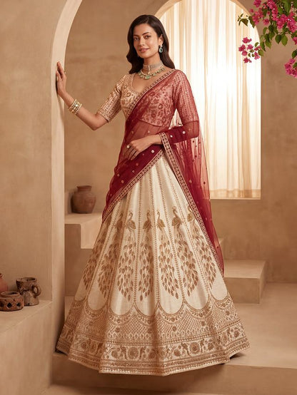 Off White Pure Soft Heavy Net Sequins Embroidery Work Bridal Lehenga Choli 