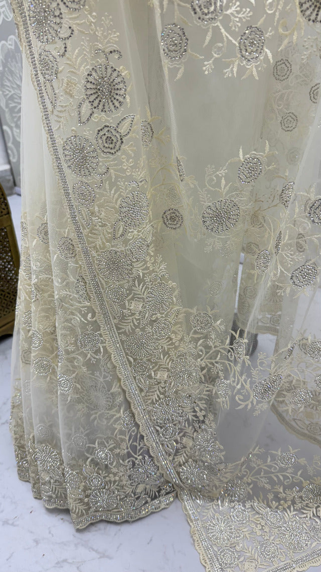Cream Pure Premium Net Handwork Kasti &amp; Motif Zari Metallic Sequins Work Wedding Saree