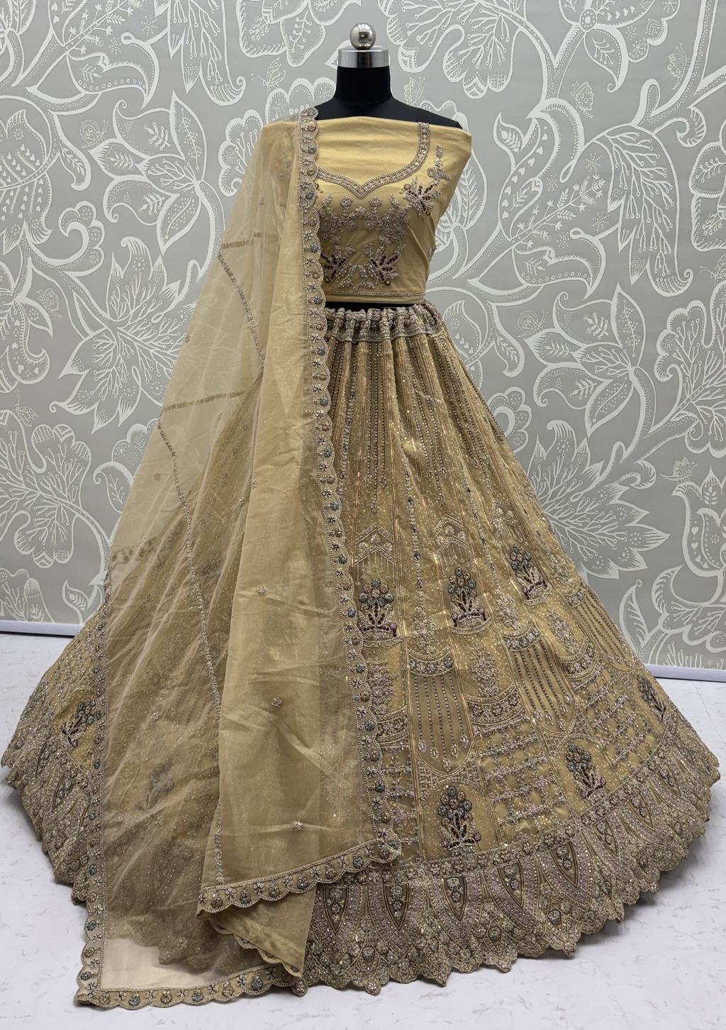 Golden Pure Soft Heavy Net Fancy Embroidery Work Bridal Lehenga Choli
