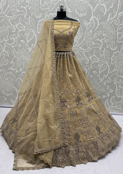 Golden Pure Soft Heavy Net Fancy Embroidery Work Bridal Lehenga Choli