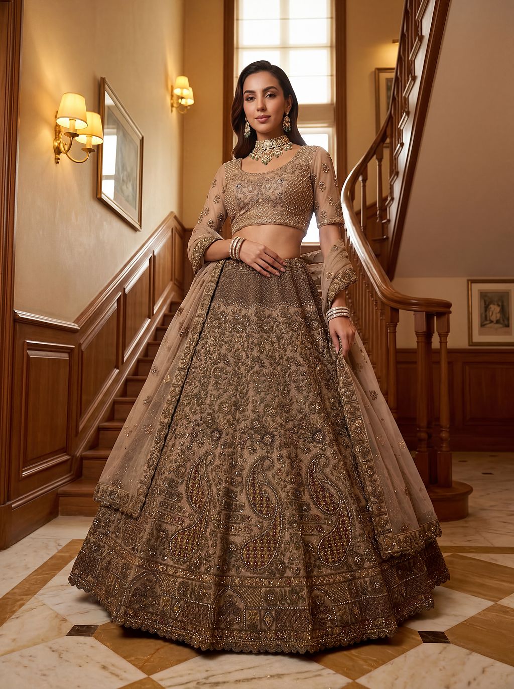 Beige Pure Soft Heavy Net Sequins Embroidery Work Bridal Lehenga 