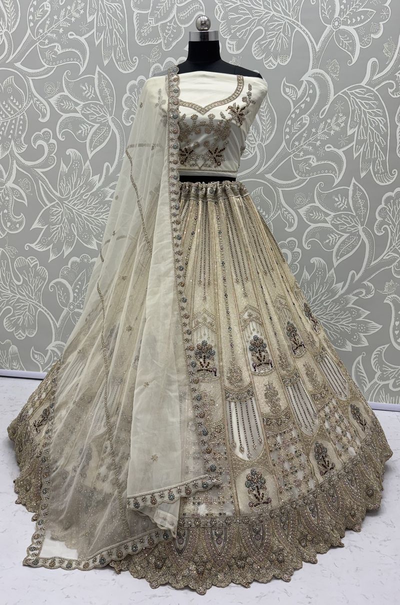 White Pure Soft Heavy Net Fancy Embroidery Work Bridal Lehenga Choli
