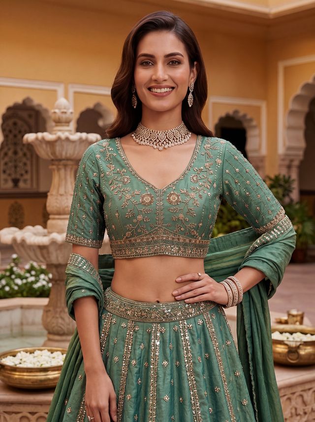 Dark Mint Pure Soft Heavy Fendi Orgenza Sequins Embroidery Work Bridal Lehenga 