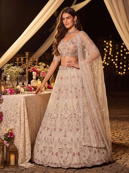 White Pure Heavy Net Motif Handwork Zari Sequins Work Bridal Lehenga Choli