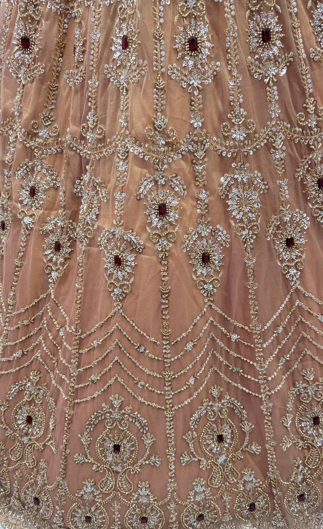 Peach Pure  Fendi Tussaud Silk Crystal Beads work Multi Thread Dori and Sequins Work Sequins Work Bridal Lehenga Choli