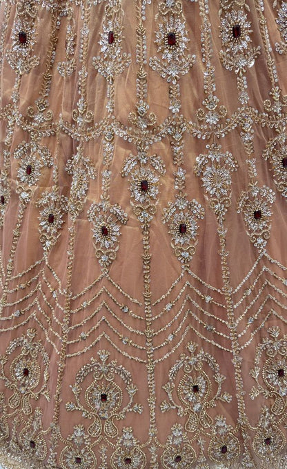 Peach Pure  Fendi Tussaud Silk Crystal Beads work Multi Thread Dori and Sequins Work Sequins Work Bridal Lehenga Choli