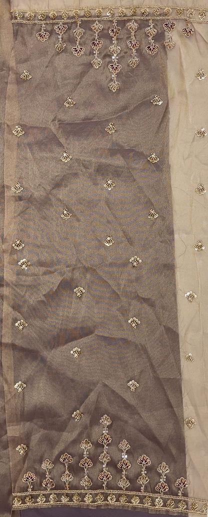 Light Brown Pure Chandnia Silk Handwork Motif Peacock Pattern Crystal Beads Multi Thread Dori &amp; Sequins Work Bridal Lehenga Choli