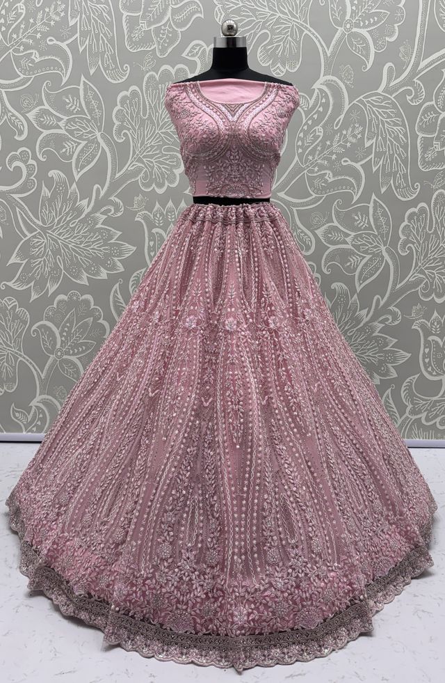 Pink Pure Soft Net Heavy Embroidery Work Bridal Lehenga