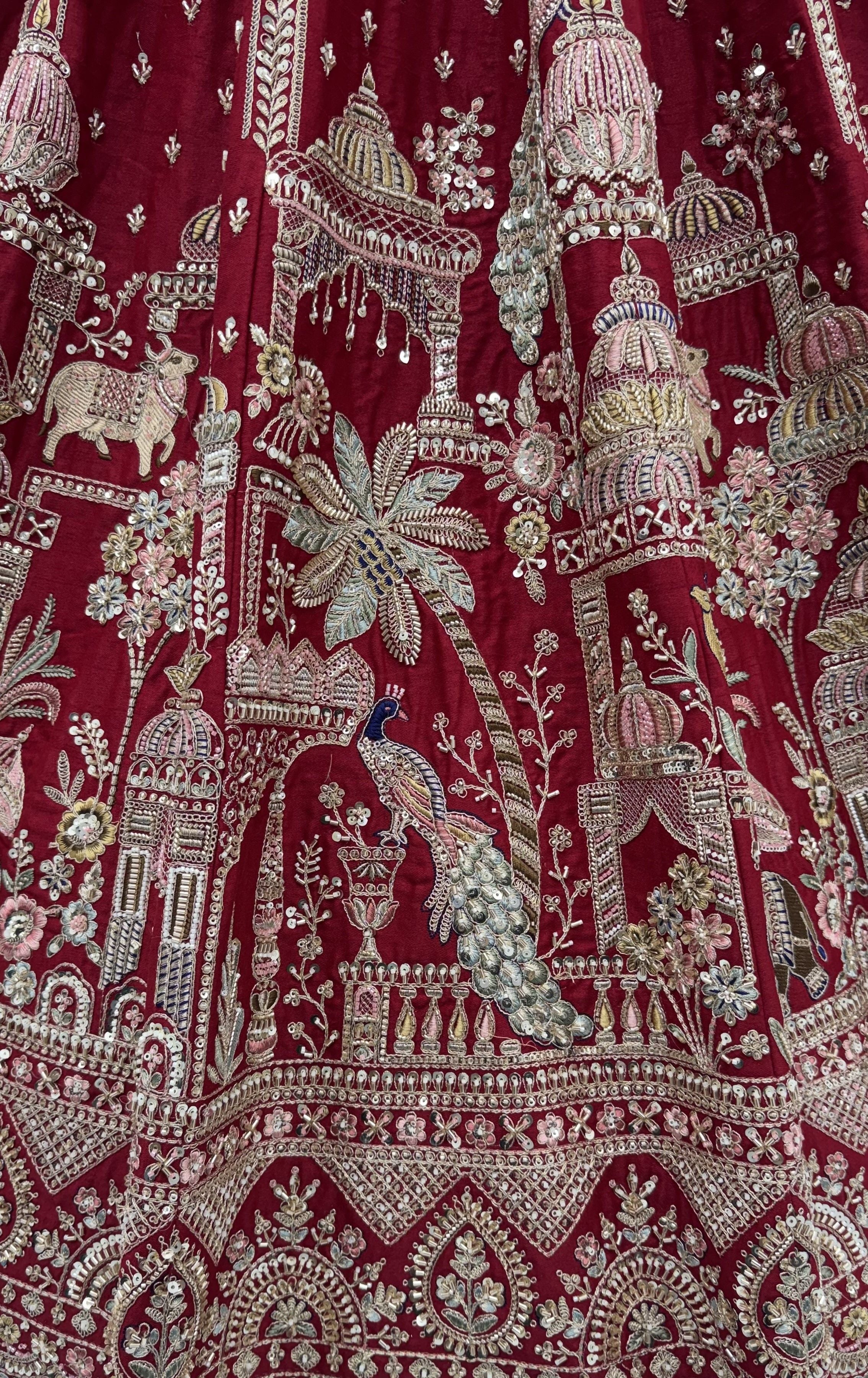Red Pure Soft Multi Color Motif Multi thread Embroidery Sequins Work Bridal Lehenga Choli