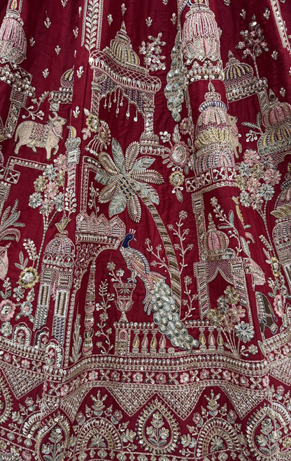 Red Pure Soft Multi Color Motif Multi thread Embroidery Sequins Work Bridal Lehenga Choli