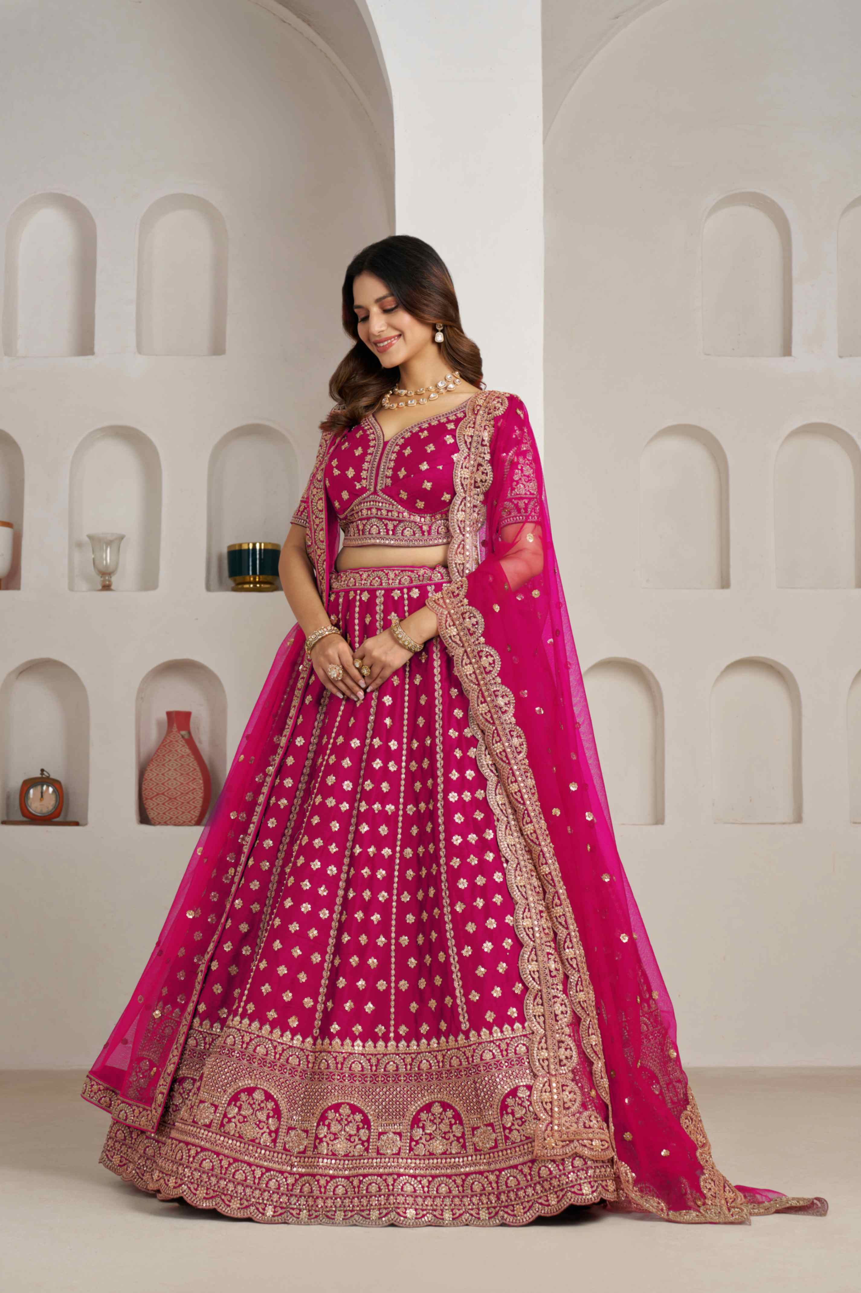 Rani Pink Silk Lehenga Choli with Heavy Zari Embroidery
