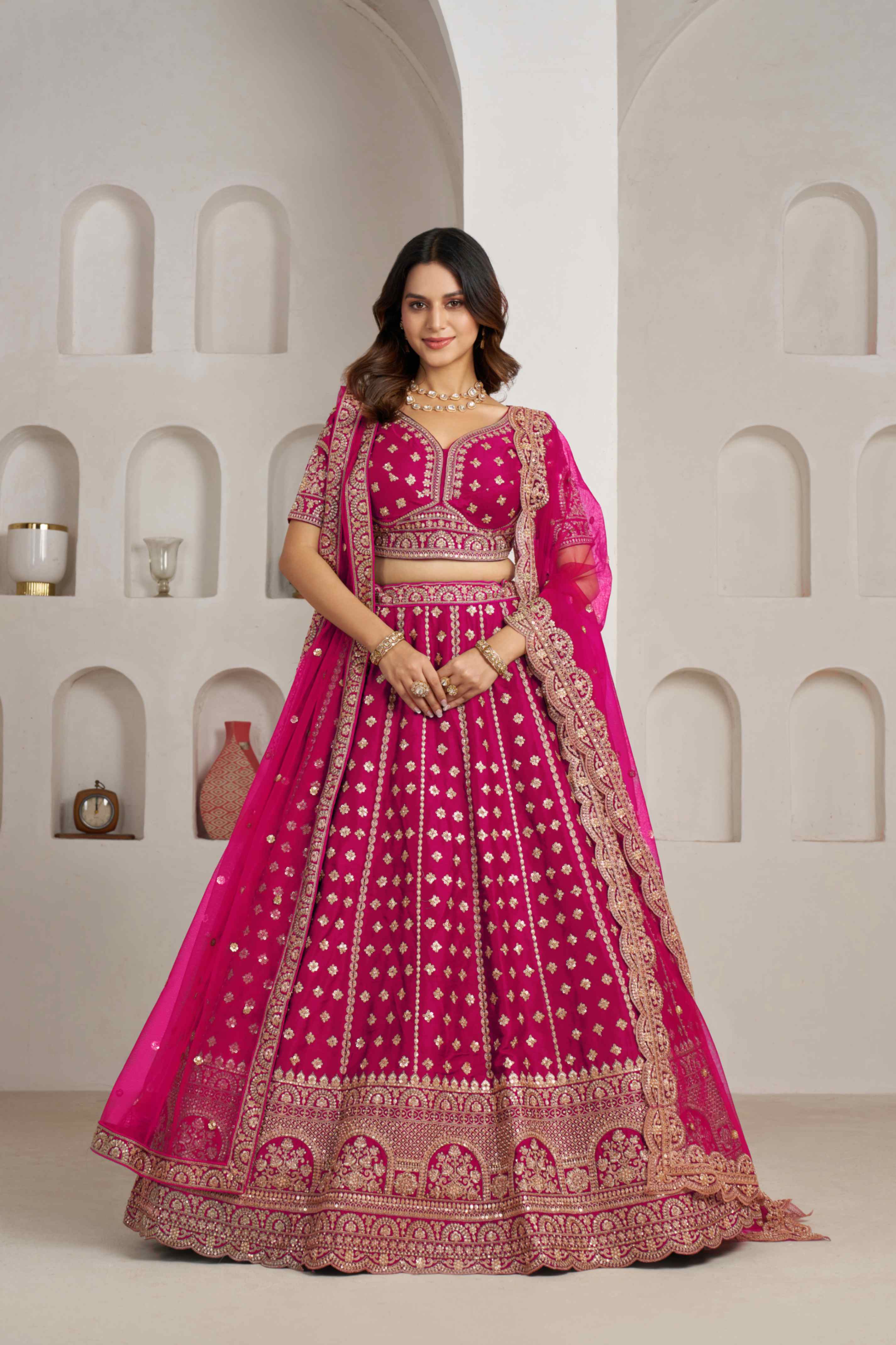 Rani Pink Silk Lehenga Choli with Heavy Zari Embroidery