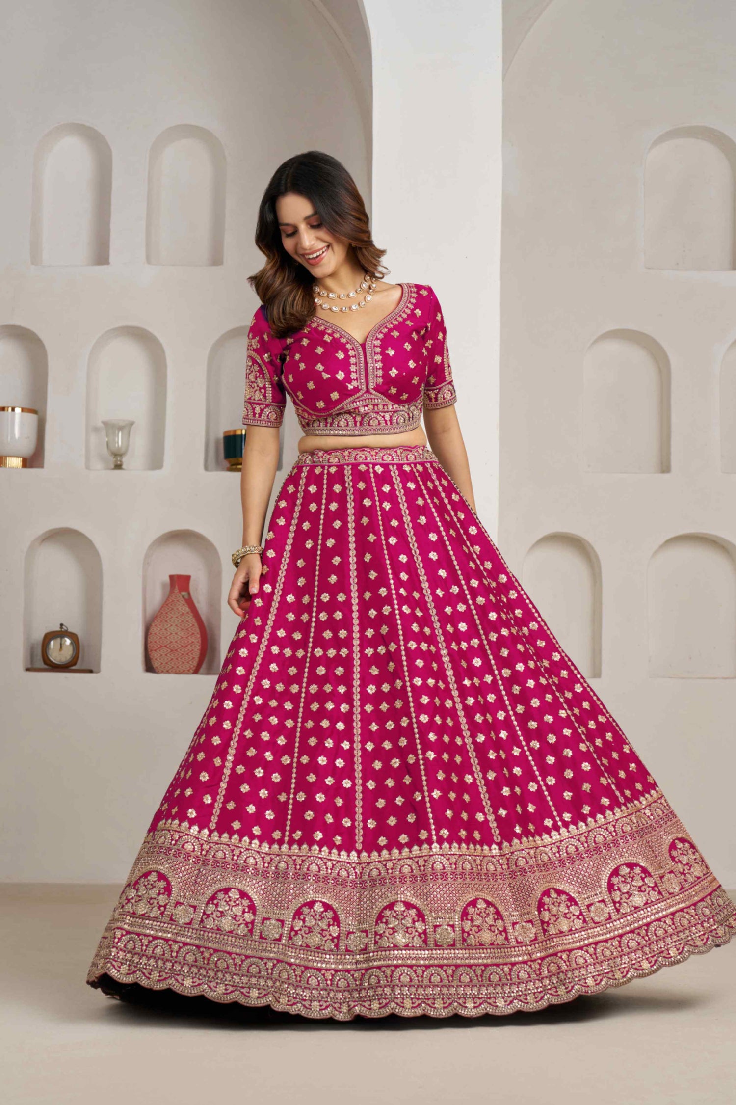 Rani Pink Silk Lehenga Choli with Heavy Zari Embroidery