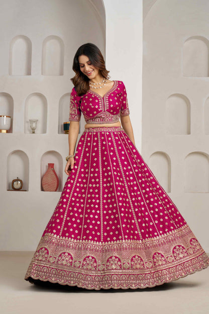Rani Pink Silk Lehenga Choli with Heavy Zari Embroidery