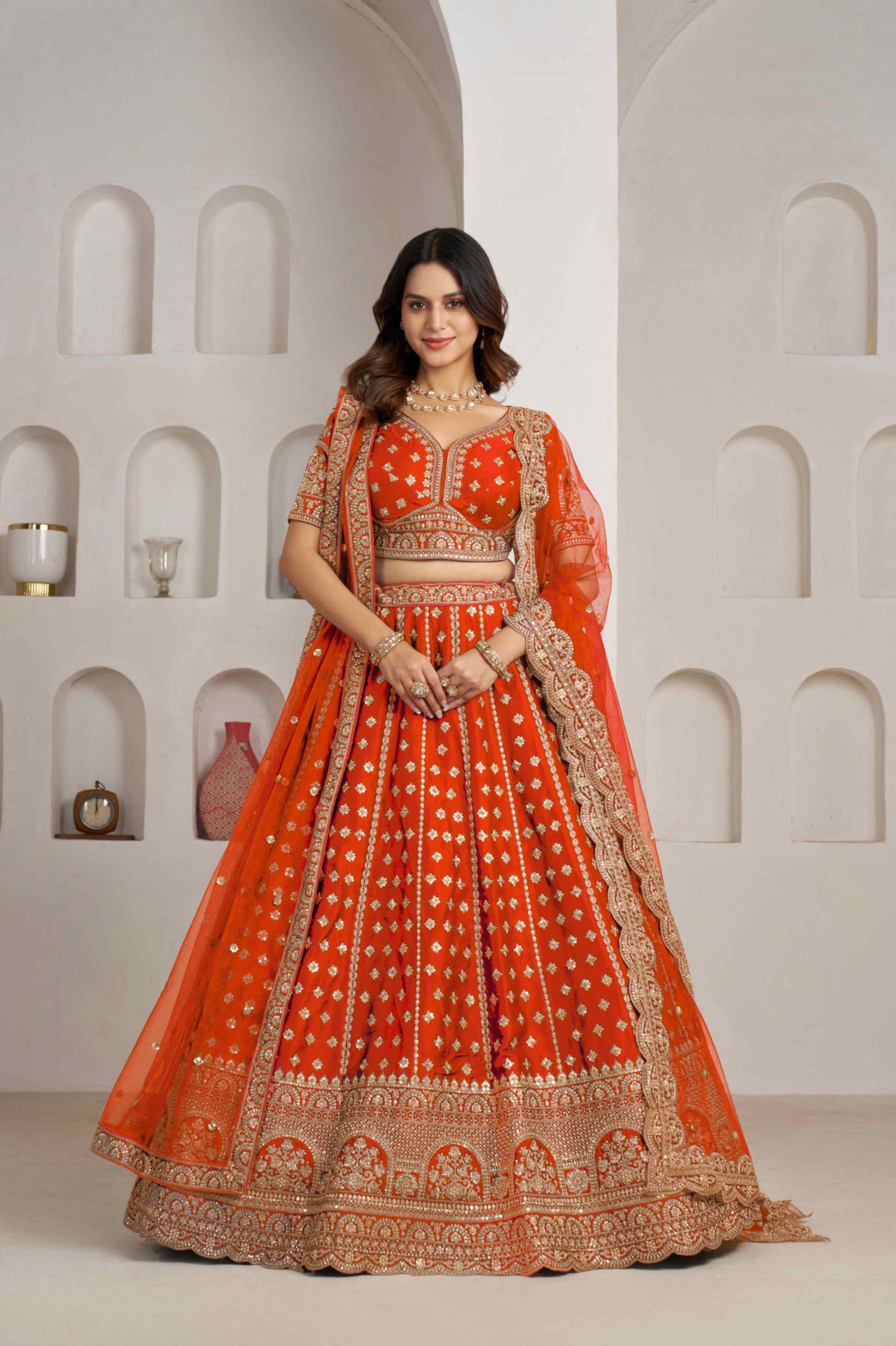 Orange Silk Lehenga Choli with Heavy Zari Embroidery &amp; Net Dupatta