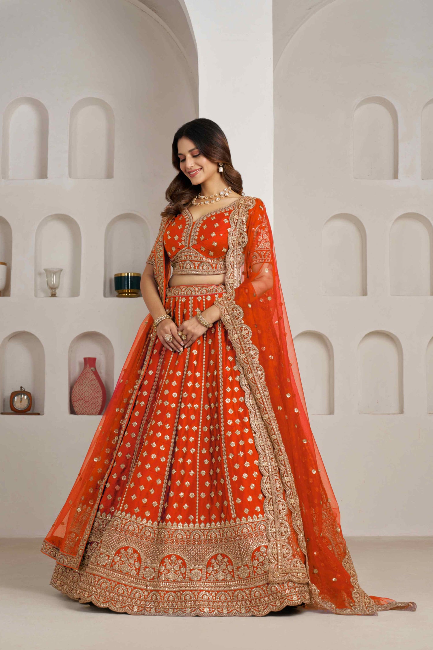 Orange Silk Lehenga Choli with Heavy Zari Embroidery &amp; Net Dupatta