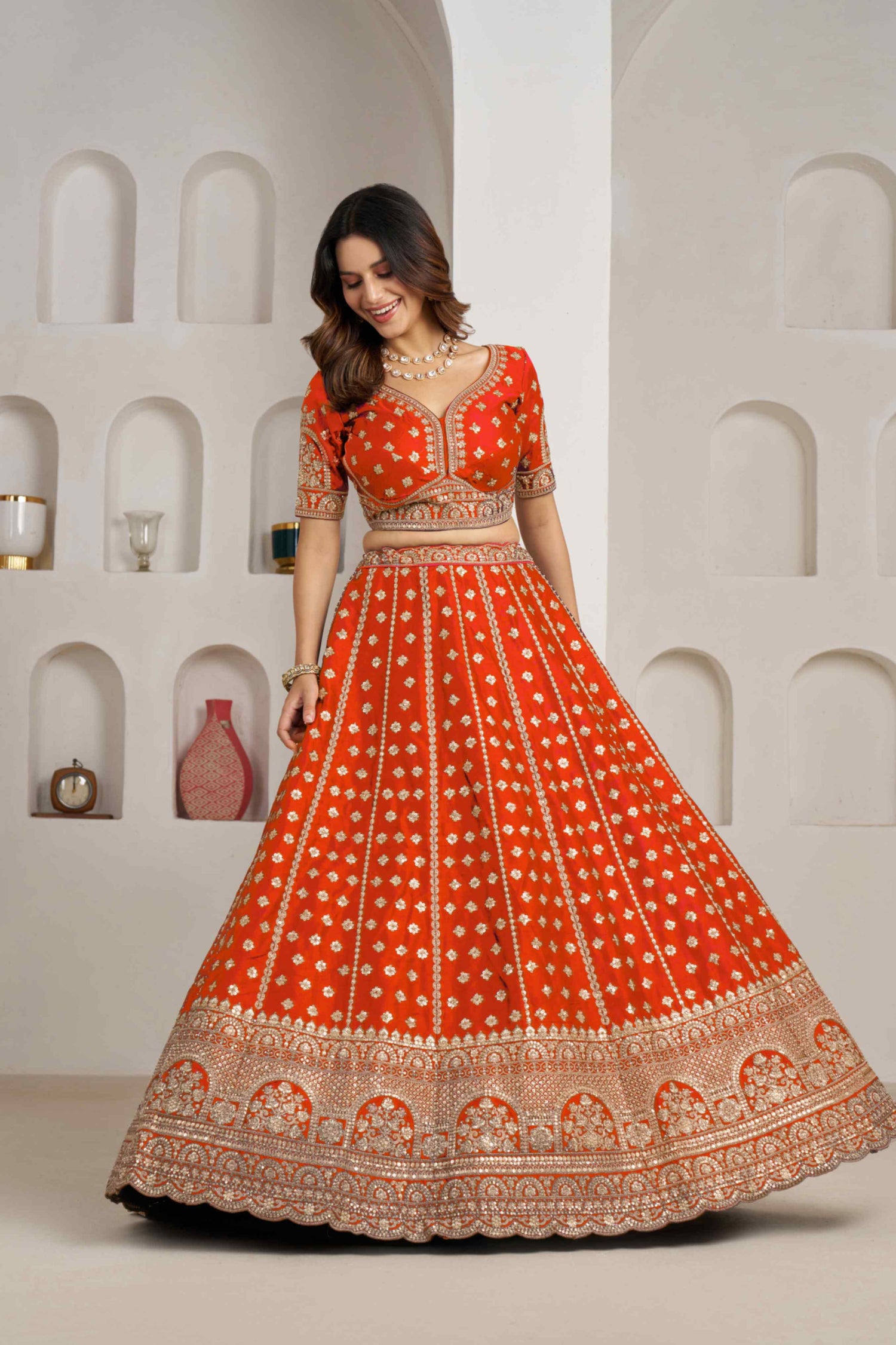 Orange Silk Lehenga Choli with Heavy Zari Embroidery &amp; Net Dupatta