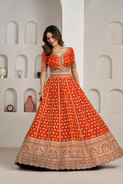 Orange Silk Lehenga Choli with Heavy Zari Embroidery &amp; Net Dupatta