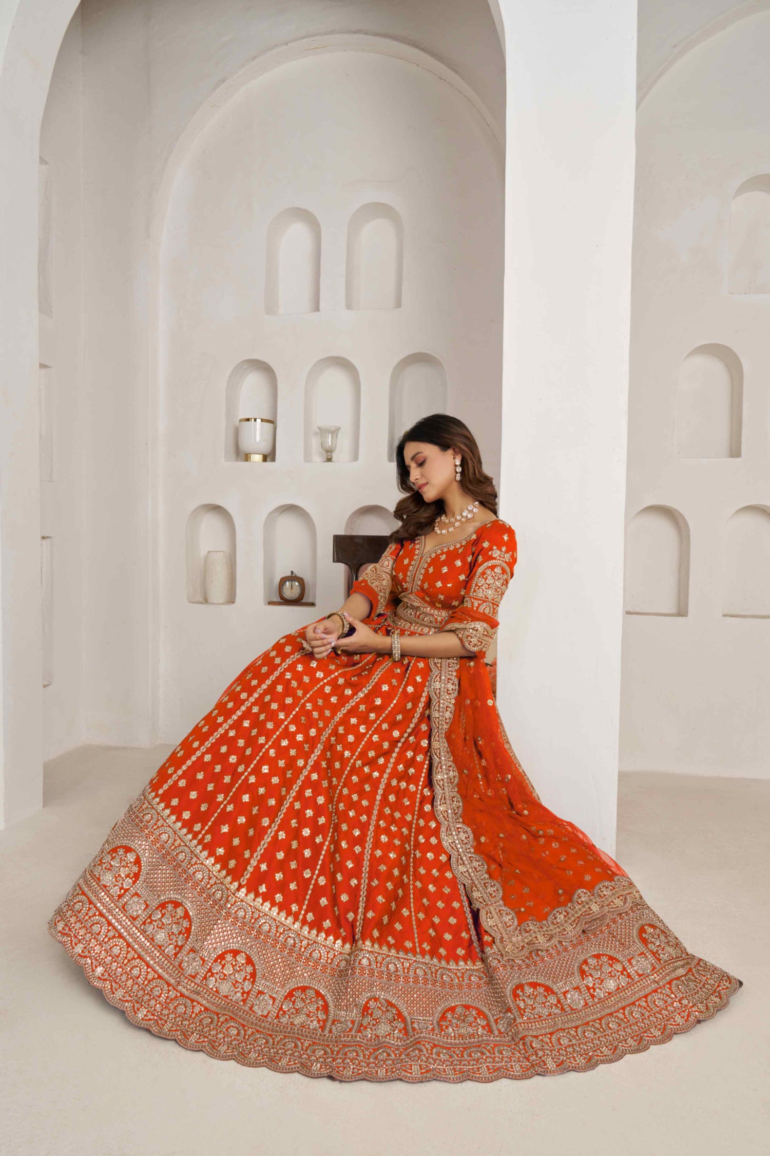 Orange Silk Lehenga Choli with Heavy Zari Embroidery &amp; Net Dupatta