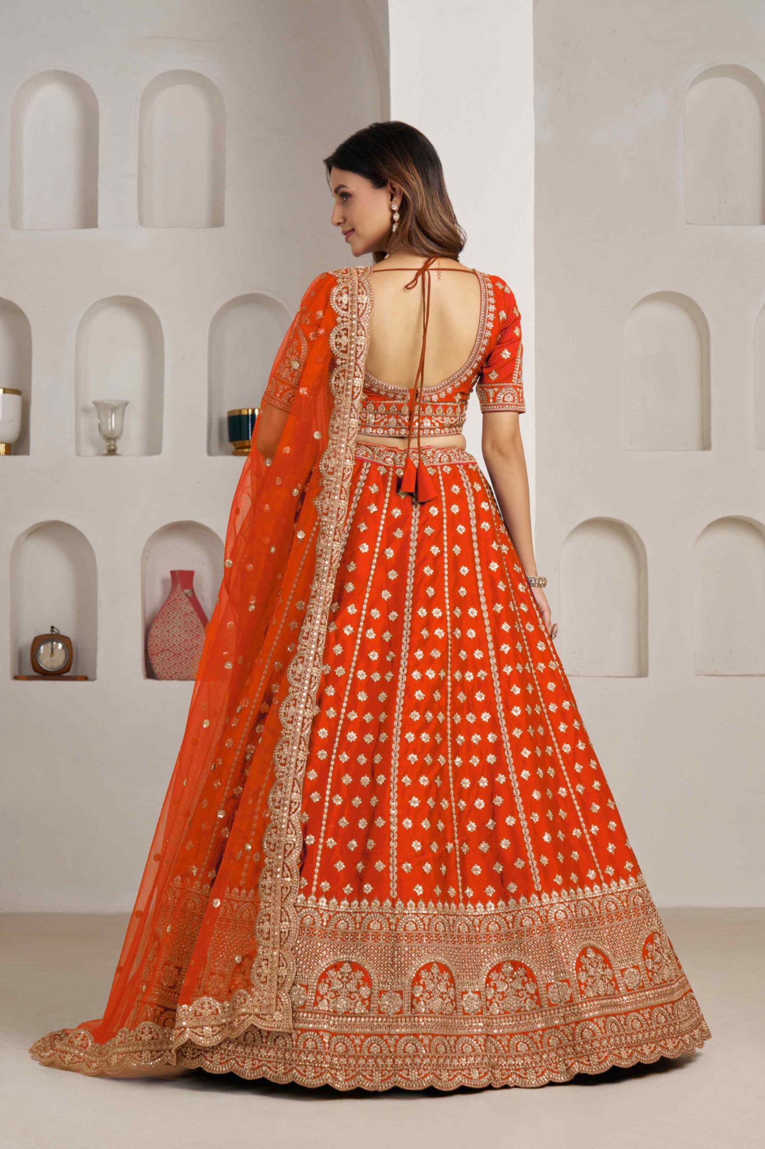 Orange Silk Lehenga Choli with Heavy Zari Embroidery &amp; Net Dupatta