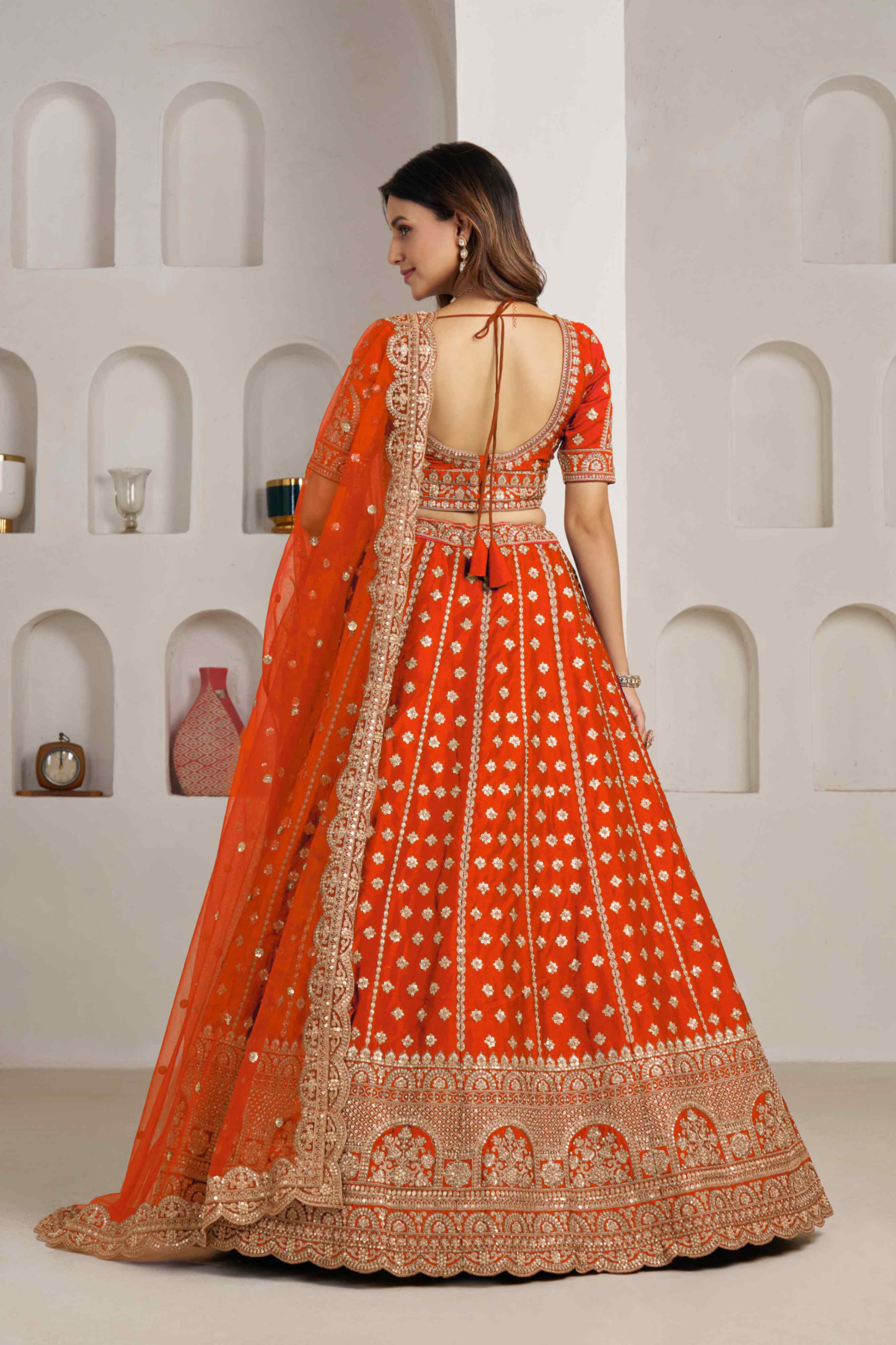 Orange Silk Lehenga Choli with Heavy Zari Embroidery &amp; Net Dupatta