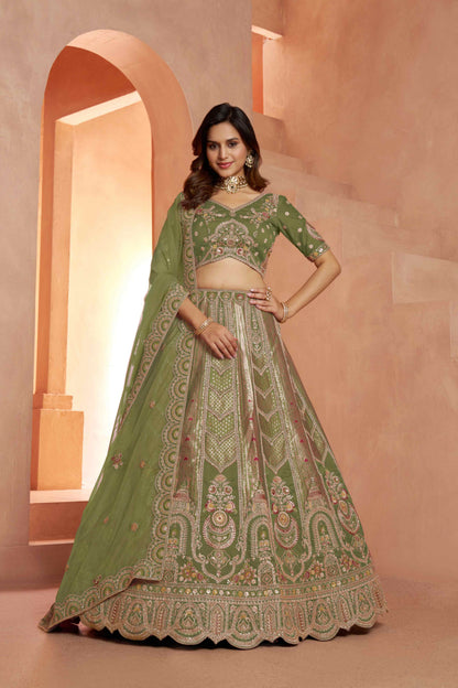 Olive Green Banarasi Silk Lehenga Choli with Organza Dupatta
