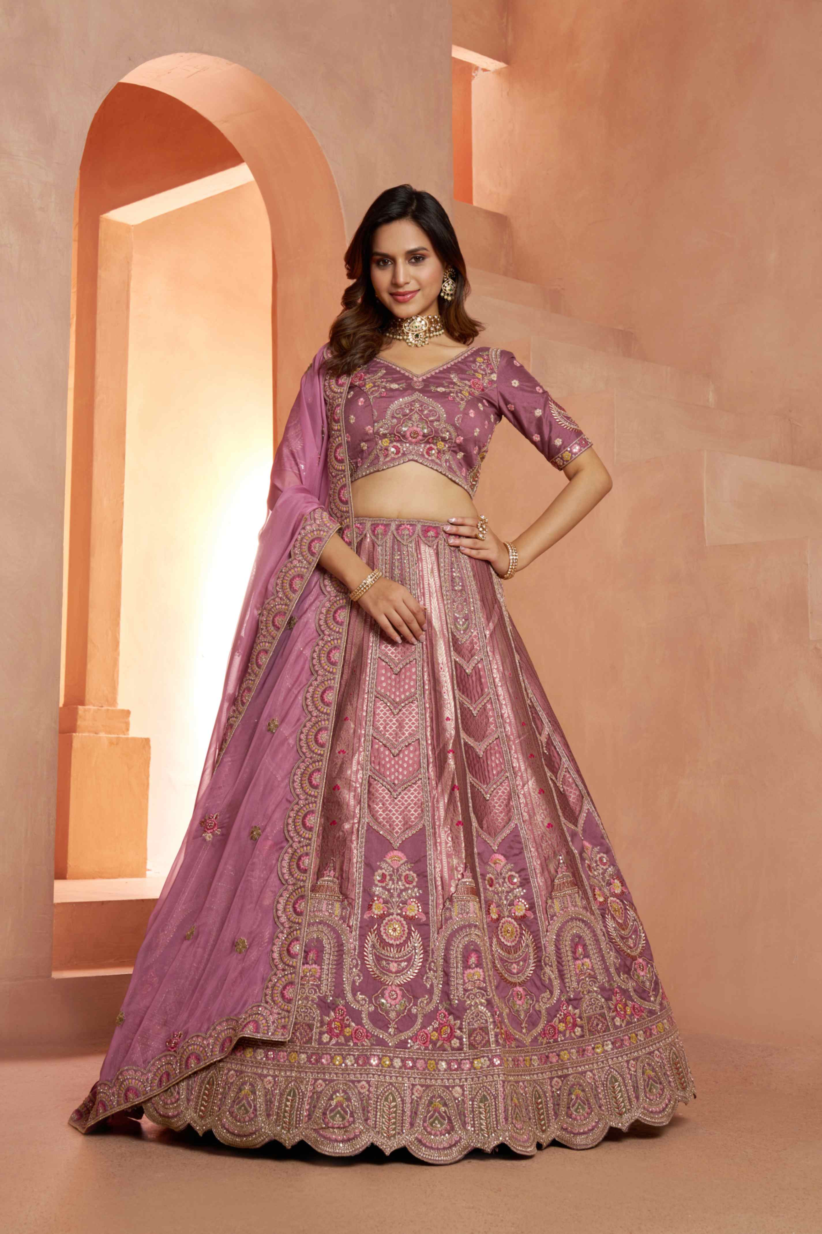 Mauve Banarasi Silk Lehenga Choli with Organza Dupatta