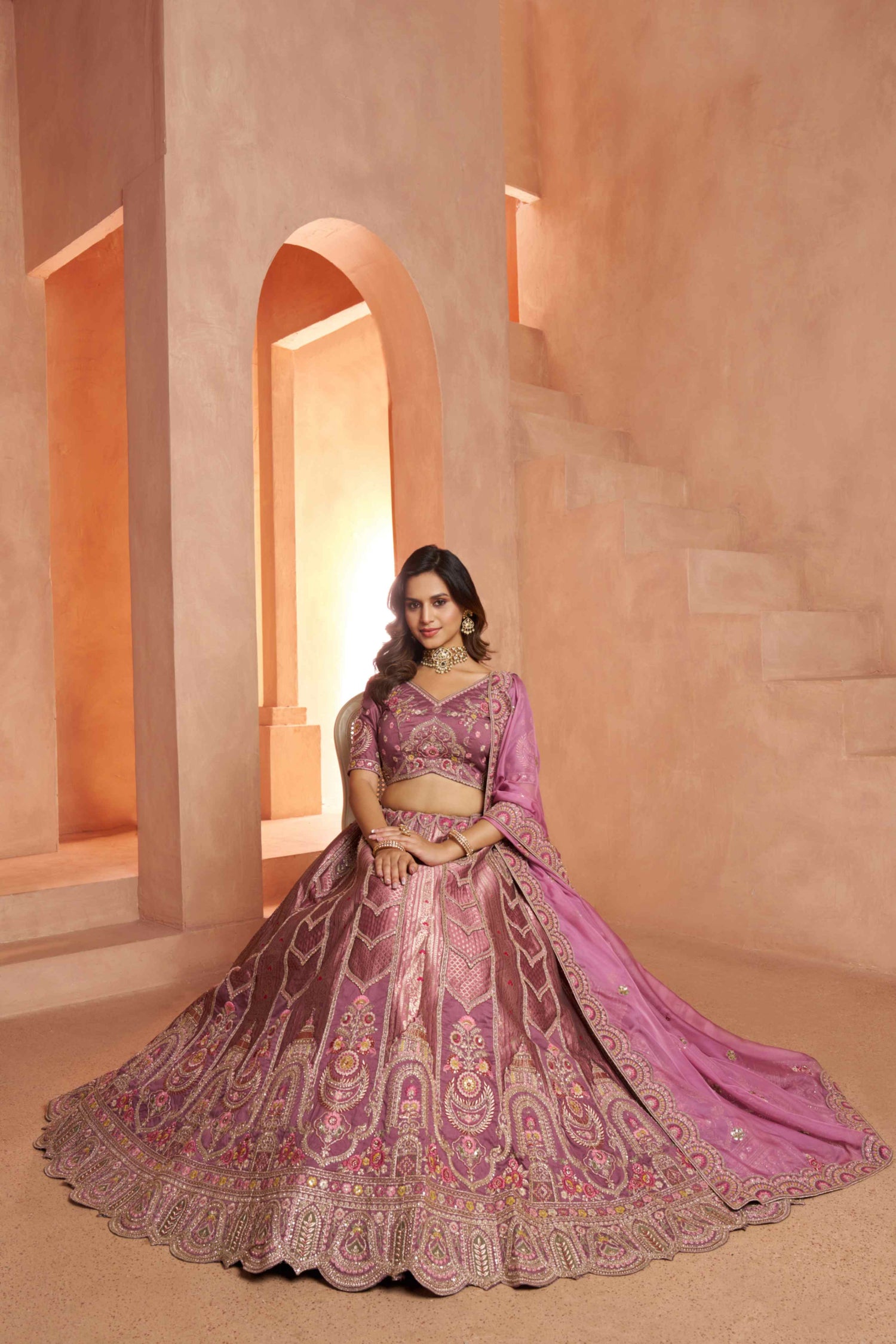 Mauve Banarasi Silk Lehenga Choli with Organza Dupatta