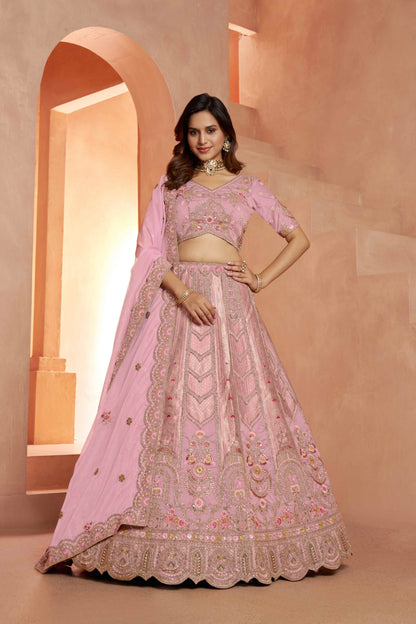 Baby Pink Banarasi Silk Lehenga Choli with Organza Dupatta