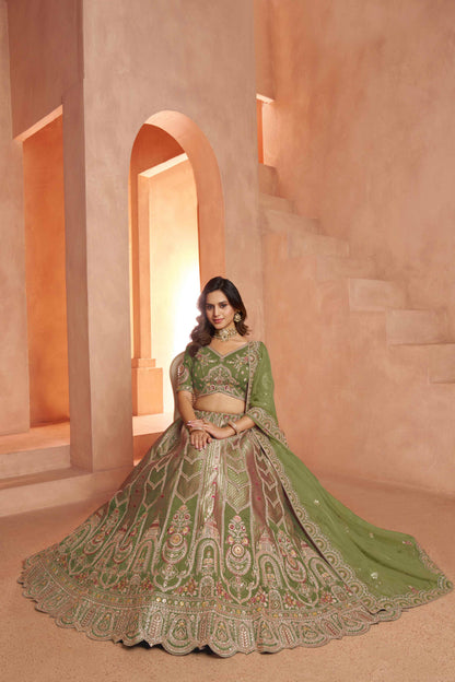 Olive Green Banarasi Silk Lehenga Choli with Organza Dupatta
