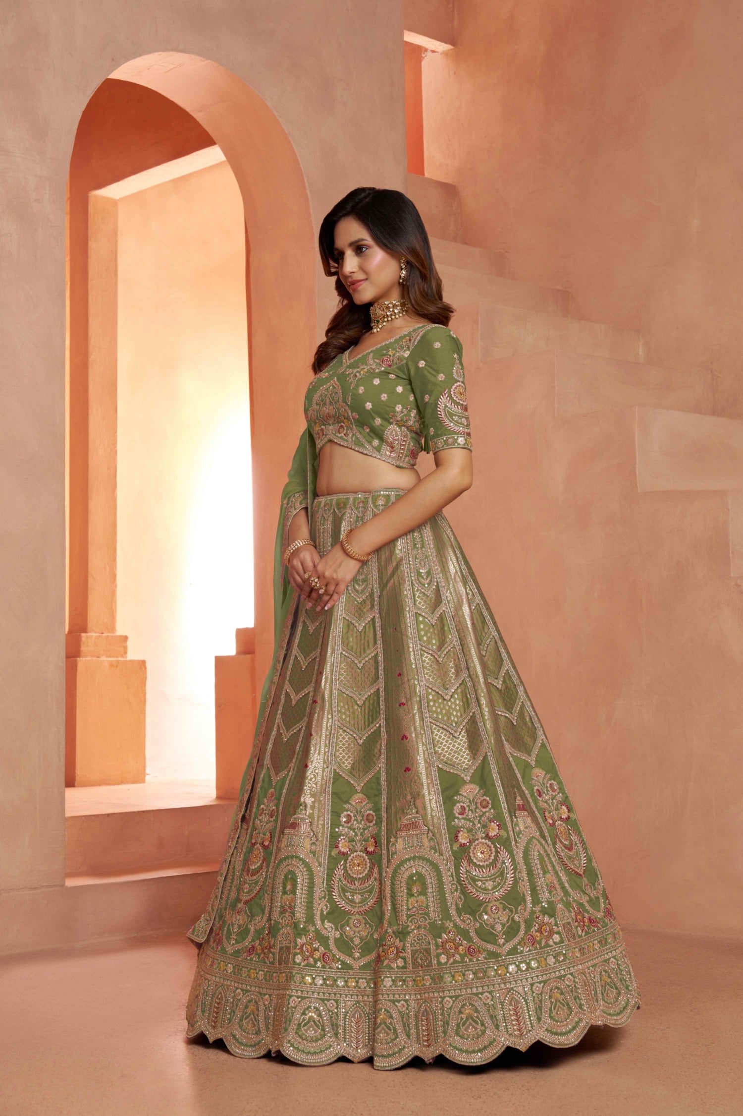 Olive Green Banarasi Silk Lehenga Choli with Organza Dupatta
