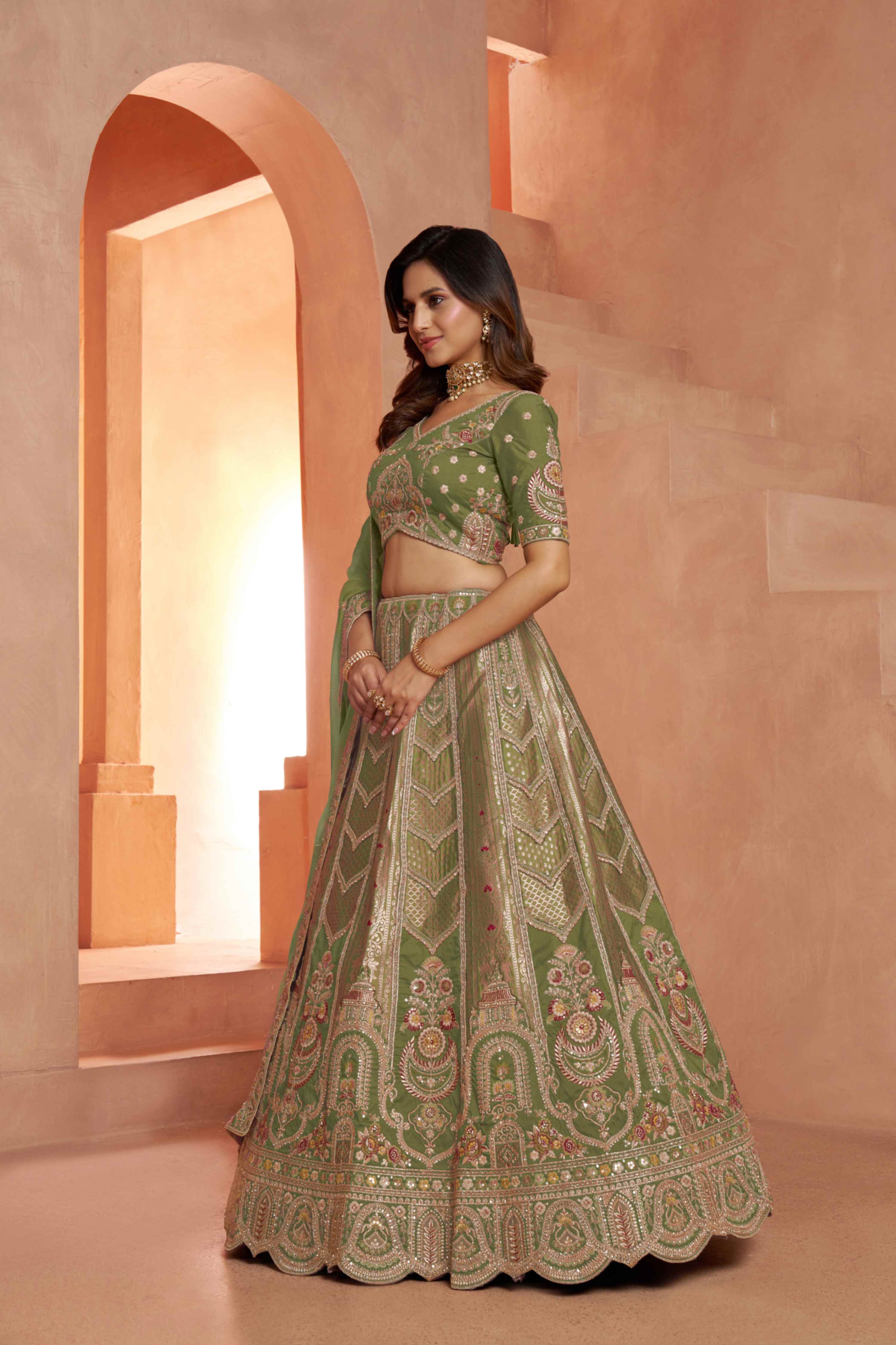 Olive Green Banarasi Silk Lehenga Choli with Organza Dupatta