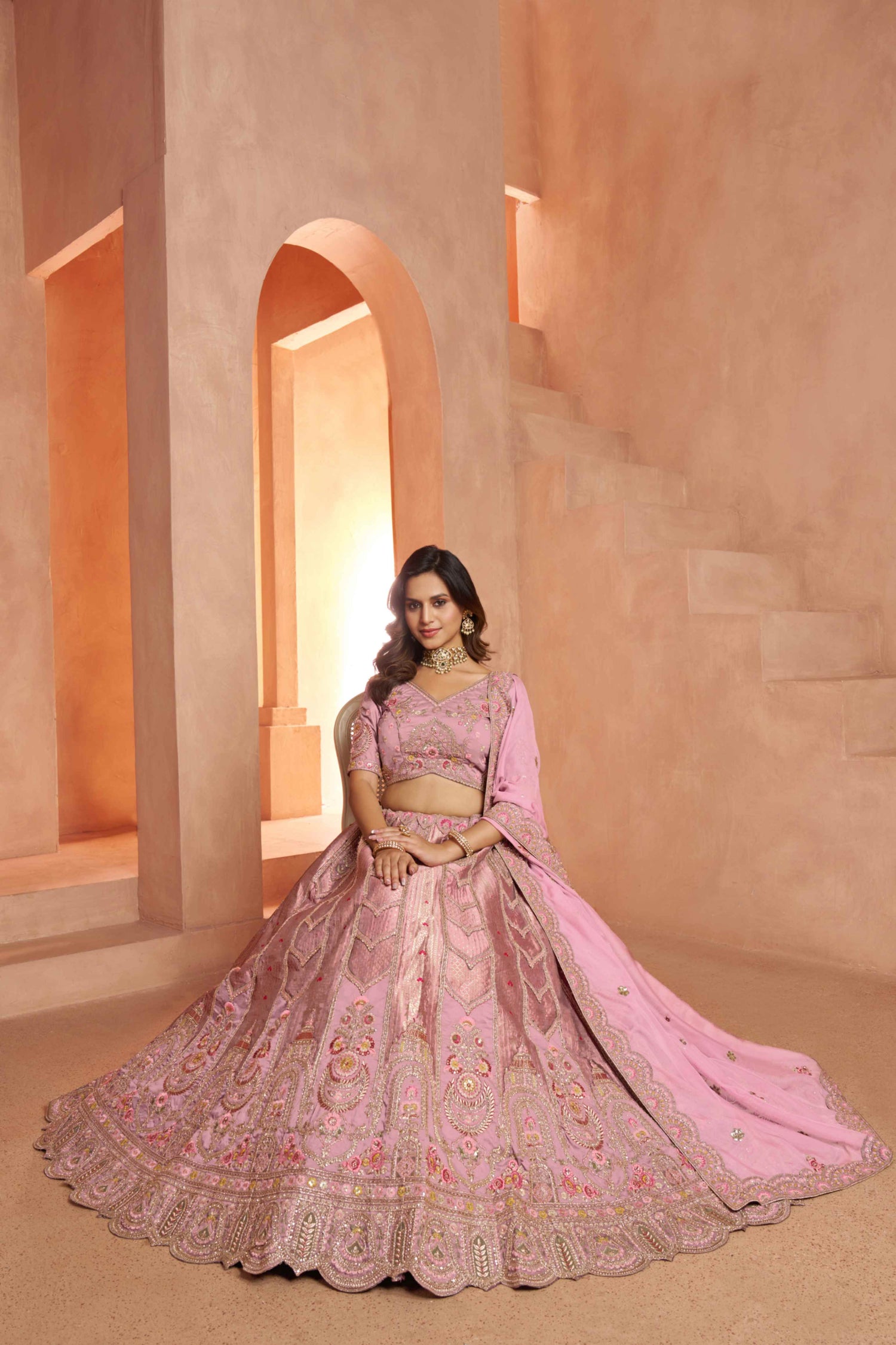 Baby Pink Banarasi Silk Lehenga Choli with Organza Dupatta