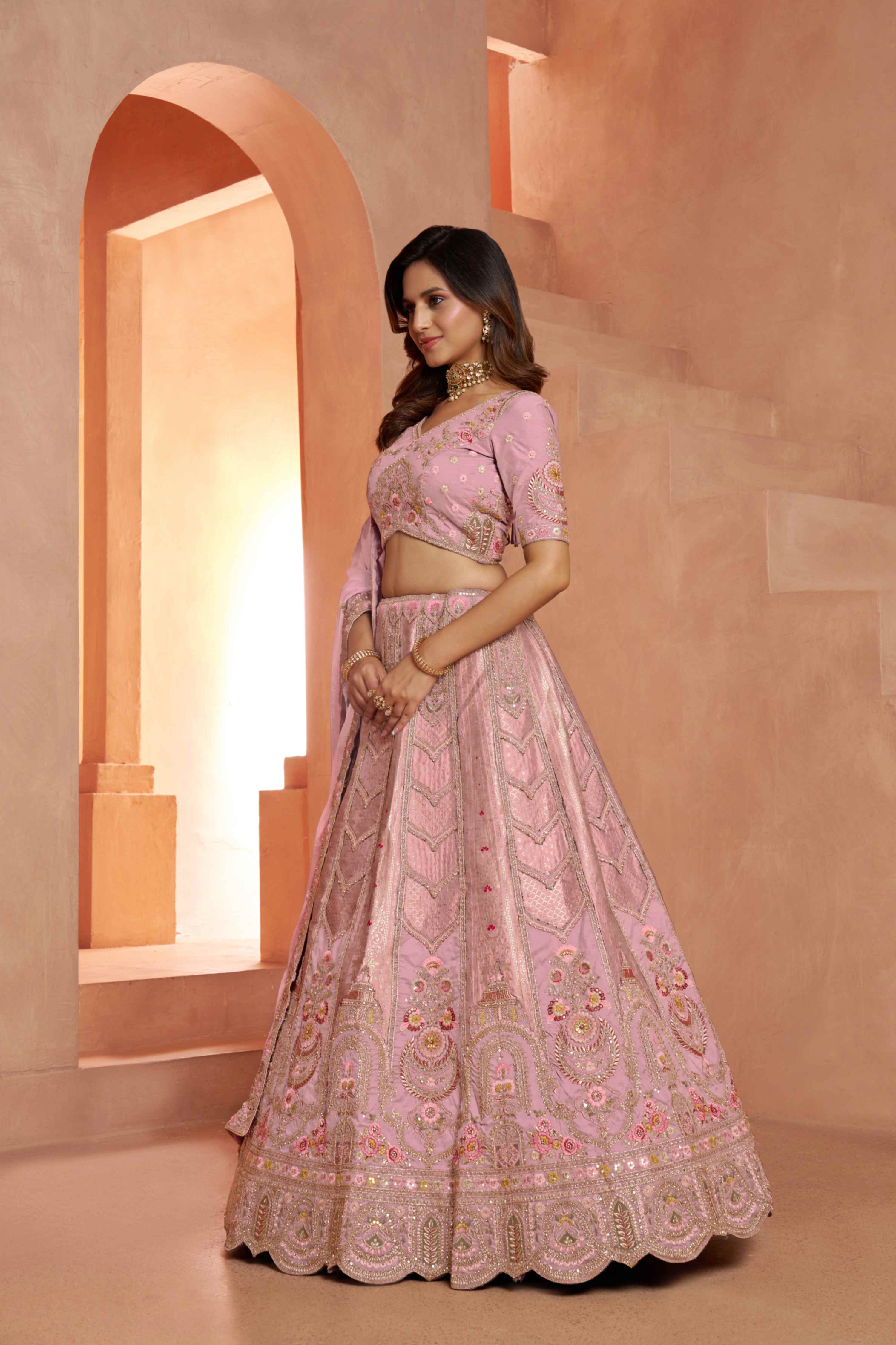 Baby Pink Banarasi Silk Lehenga Choli with Organza Dupatta